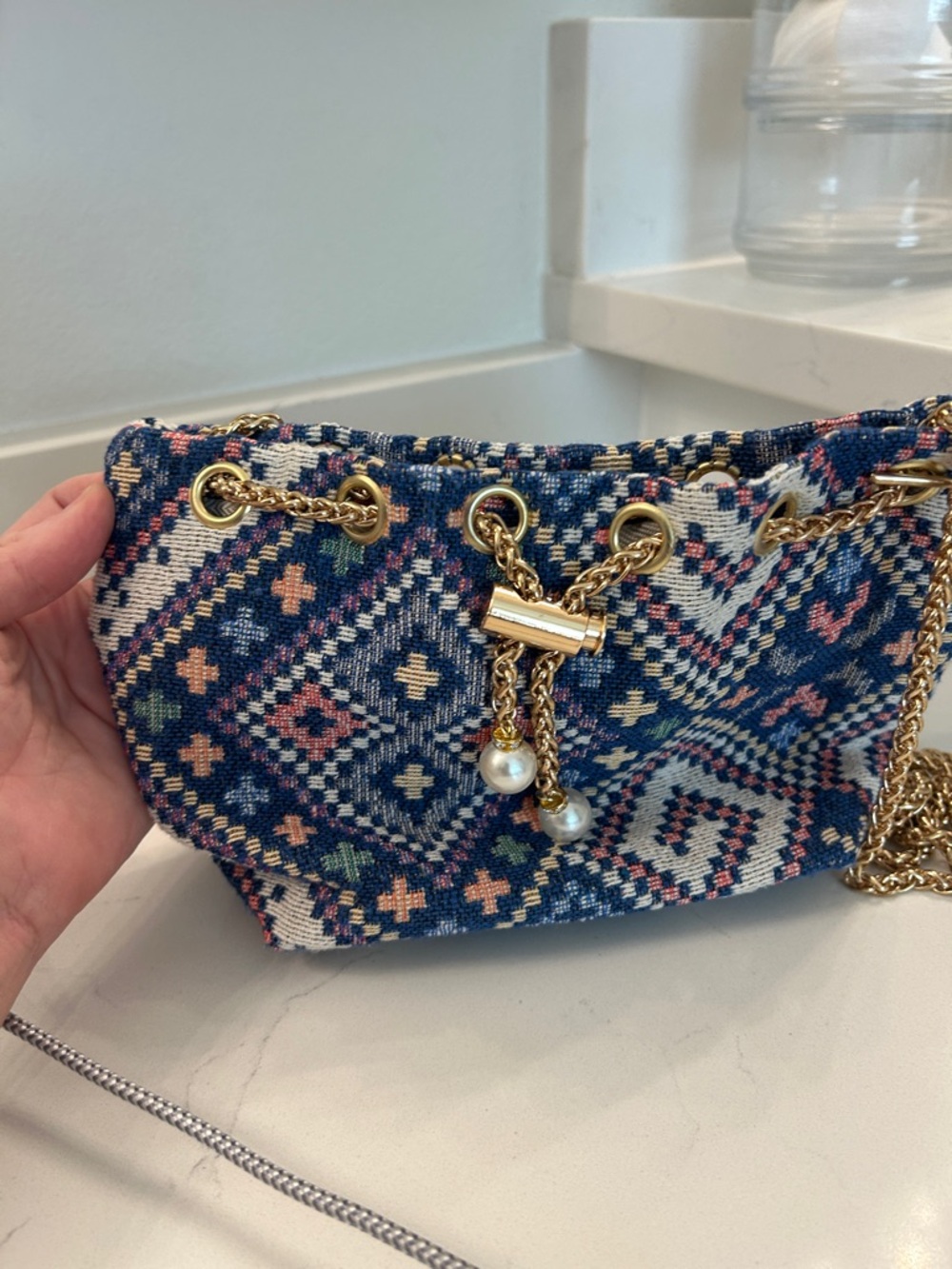 Boutique 9 Navy Patterned Mini Chain Shoulder Bag with Gold Hardware